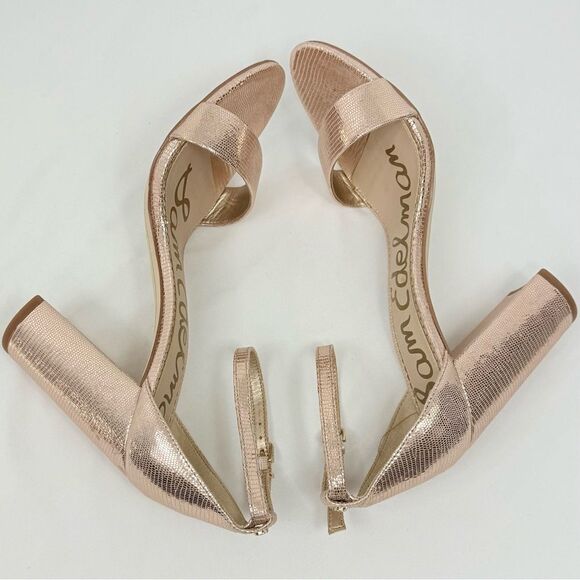 Sam Edelman YARO Rose Gold Leather Metallic Reptile Chunky 4" Open Toe Sandals - Picture 7 of 16
